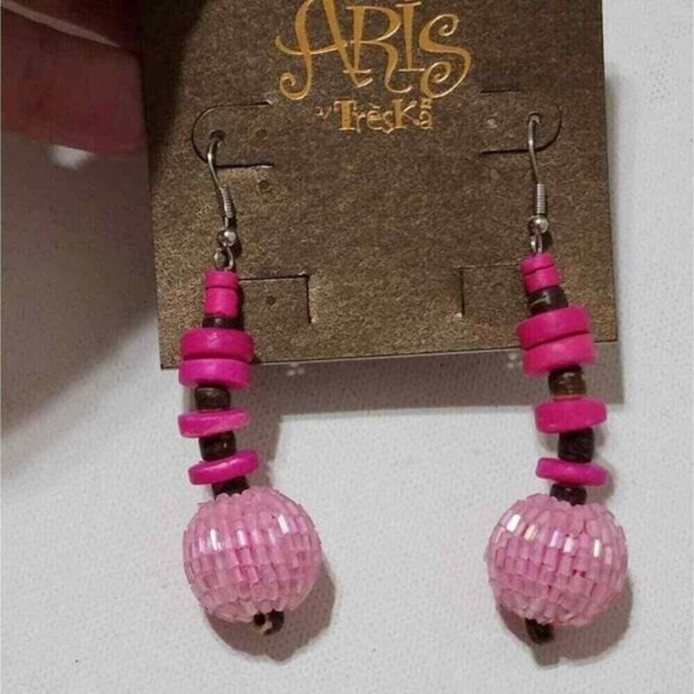 Aris by Treska Pink Wood and Beaded Ball Dangle Drop Earrings Silver Tone Hooks